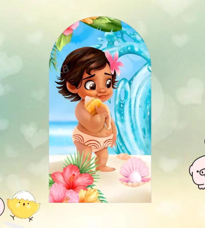 May include: Illustration of a cartoon baby girl with brown hair, wearing a flower and holding a seashell. The image has a tropical theme, with a pink flower, a seashell with a pearl, and a blue wave in the background.