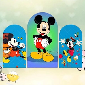 May include: Three panels featuring Mickey Mouse in various poses. The central panel shows Mickey with his arms at his sides, wearing red shorts, yellow shoes, and white gloves. The side panels depict Mickey in action poses, with a blue background and additional cartoon characters.