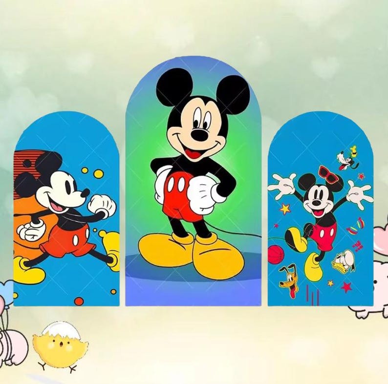 May include: Three panels featuring Mickey Mouse in various poses. The central panel shows Mickey with his arms at his sides, wearing red shorts, yellow shoes, and white gloves. The side panels depict Mickey in action poses, with a blue background and additional cartoon characters.