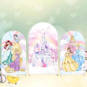 Sfondo per arco principessa Disney, copertura doppia, castello rosa, arcobaleno, festa di compleanno, sfondo fotografico per baby shower, decorazione personalizzata