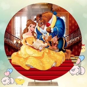 Cenário redondo da Bela e a Fera, princesa Disney, Bela, meninas, aniversário, chá de bebê, festa, círculo, fundo fotográfico, cabine, cilindro, capas