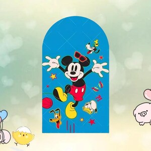 May include: A blue decorative panel featuring a cartoon of Mickey Mouse with sunglasses, red shorts, and yellow shoes. Other cartoon characters are also present, including Pluto and Goofy. The background is light blue with a diamond pattern.