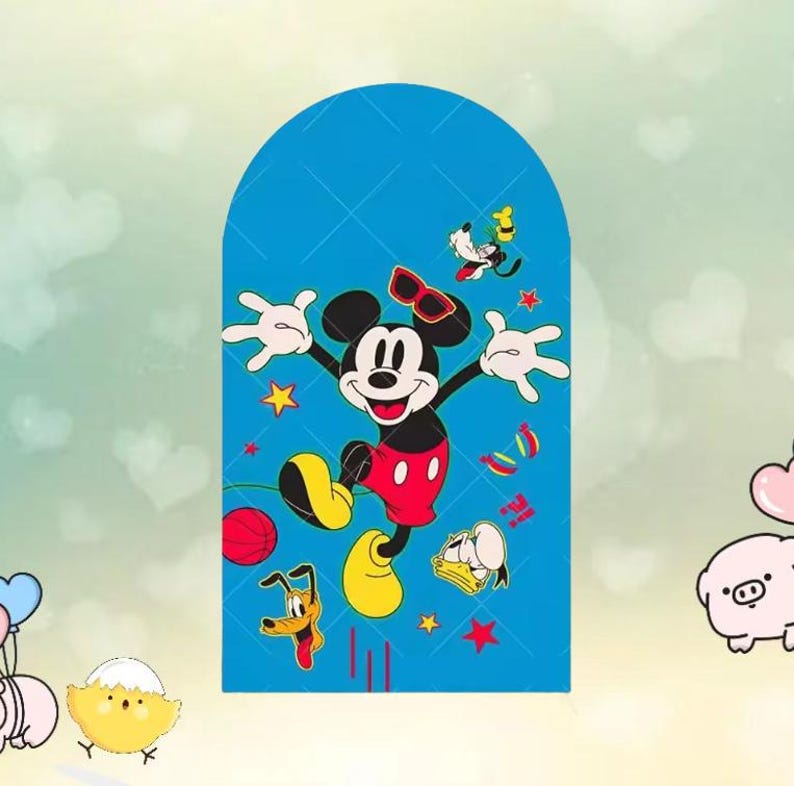 May include: A blue decorative panel featuring a cartoon of Mickey Mouse with sunglasses, red shorts, and yellow shoes. Other cartoon characters are also present, including Pluto and Goofy. The background is light blue with a diamond pattern.