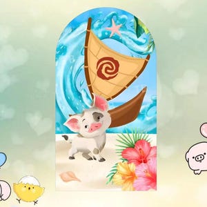 May include: A cartoon illustration featuring a pig standing on a sandy beach with a boat and ocean wave backdrop. The pig has white fur with black spots and pink ears. Tropical flowers and a seashell are in the foreground.