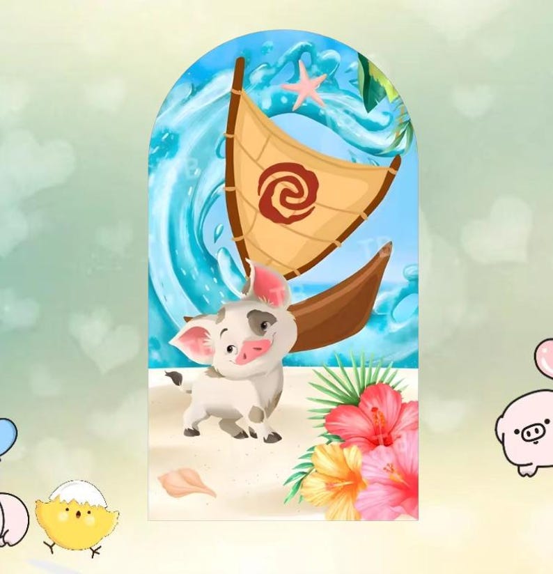 May include: A cartoon illustration featuring a pig standing on a sandy beach with a boat and ocean wave backdrop. The pig has white fur with black spots and pink ears. Tropical flowers and a seashell are in the foreground.