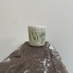 May include: A small white ceramic cup with a green grass design. The cup is sitting on a weathered wooden surface.