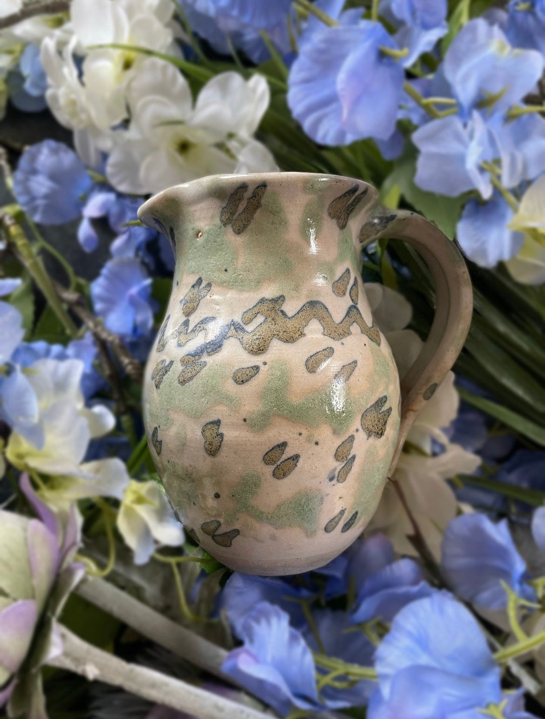 Vintage Studio Pottery Jug in Greens and Blues by Wolfscastle Etsy UK