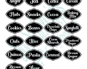May include: Black and white oval-shaped labels with white text for various pantry items, including sugar, tea, coffee, cereal, nuts, snacks, cocoa, baking mix, cookies, beans, chocolate chips, spaghetti, oats, rice, corn starch, powdered sugar, quinoa, pasta, cornmeal, brown sugar, brown rice, and flour.