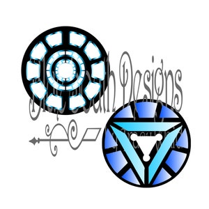 May include: Two blue and white Iron Man arc reactor designs. The first design is a circle with a blue center and white outer ring. The second design is a triangle with a blue center and white outer ring.