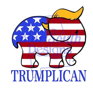 Puede incluir: Una ilustración de un elefante con un patrón de bandera estadounidense rojo, blanco y azul. El elefante tiene un peinado amarillo similar al de Donald Trump. El texto "TRUMPLICAN" está debajo del elefante.