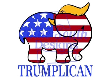 May include: An illustration of an elephant with a red, white, and blue American flag pattern. The elephant has a yellow hair style similar to Donald Trump's. The text "TRUMPLICAN" is below the elephant.