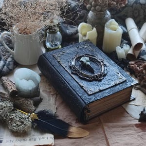 May include: A dark blue, textured book with an ornate silver frame and a skull-like object on the cover. The book is surrounded by candles, dried flowers, and a feather. The overall theme is gothic and mystical.