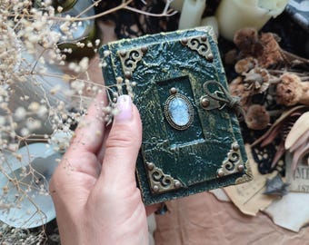 May include: A small, dark green journal with ornate gold-colored corner accents and a central oval pendant. The cover has a textured, aged appearance. A clasp secures the journal, suggesting a vintage or fantasy theme.