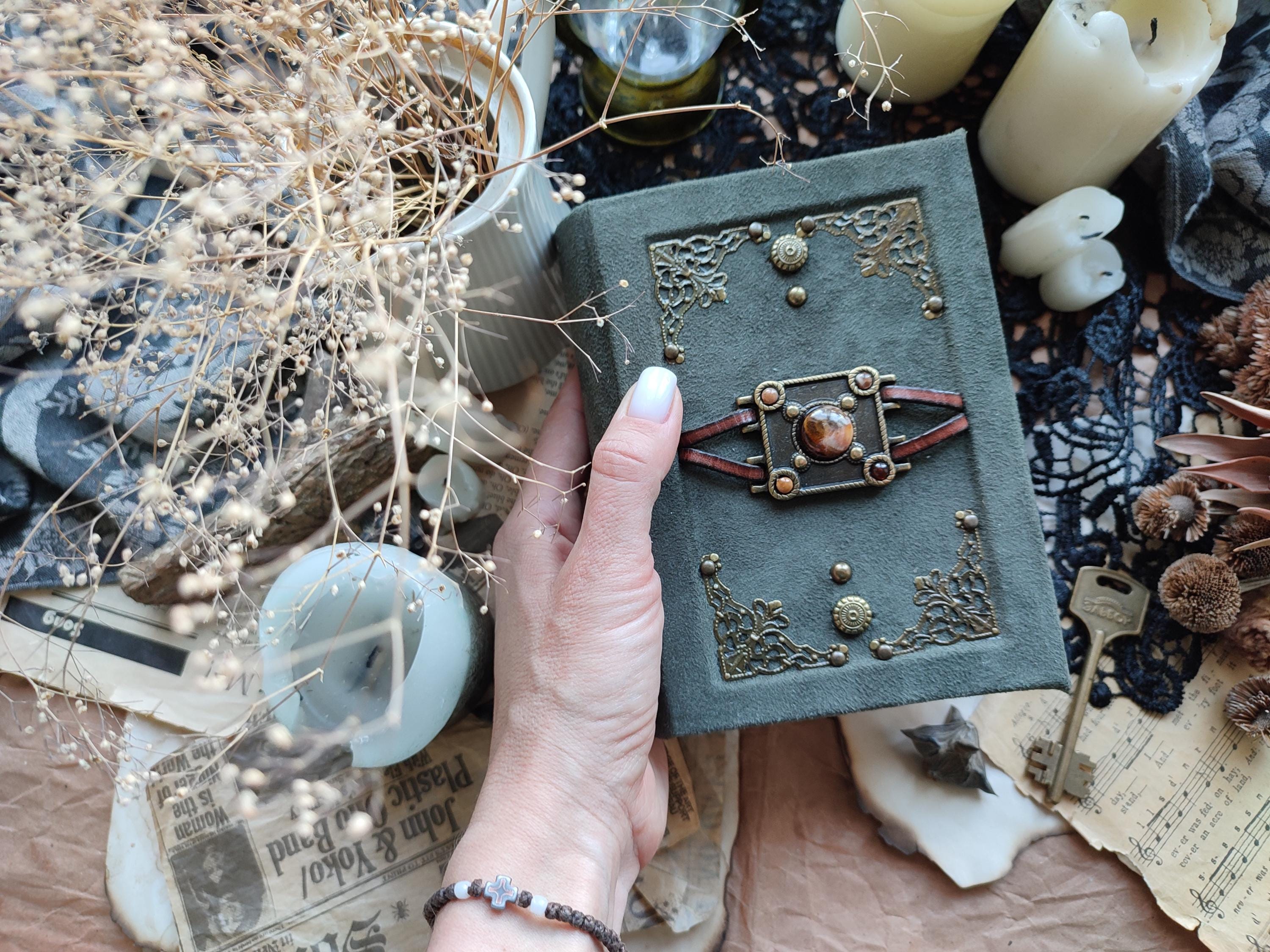 Handmade Green Faux Suede Grimoire Journal: Tiger's Eye Book of