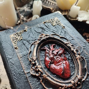 Pu&ograve; includere: Un diario rilegato in pelle nera con una cornice metallica decorativa che contiene un cuore anatomico rosso. Il diario ha un aspetto usurato e invecchiato ed &egrave; decorato con accenti dorati.