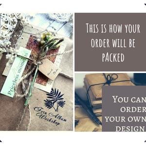 May include: A wrapped package with a tag that reads "Hand Made" and "Priceless moments." The package is tied with twine and decorated with dried flowers. The text "Fern Album Workshop" is visible. The image also includes the text "This is how your order will be packed" and "You can order your own design."