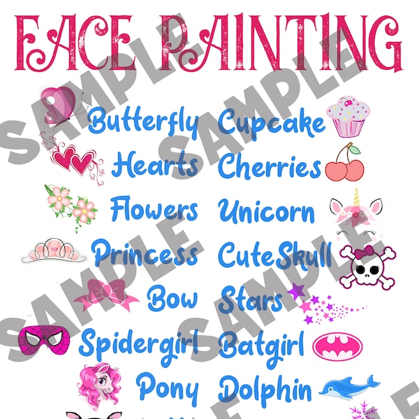 Girls Only Face Painting Menu