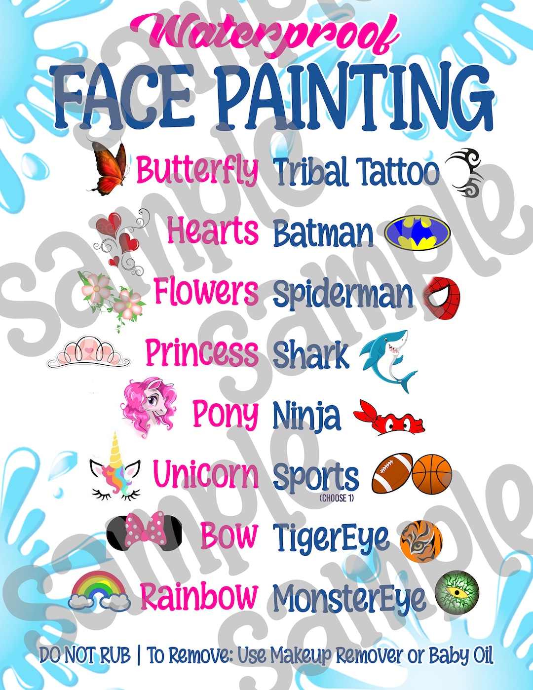 Waterproof Face Painting Menu Etsy