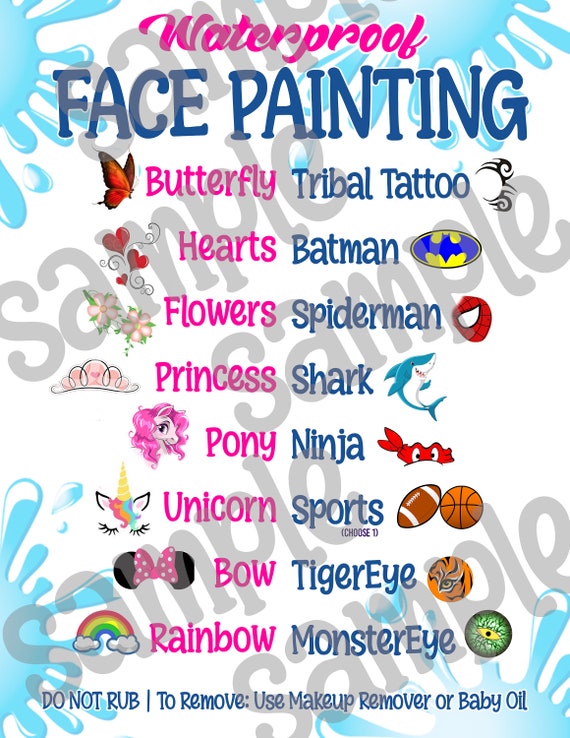 Waterproof Face Painting Menu Etsy