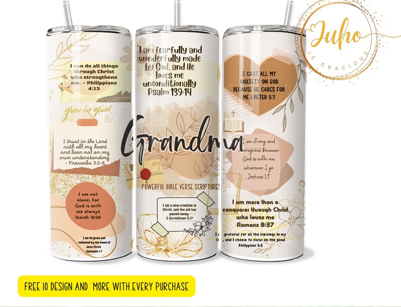 Puede incluir: Tres vasos de acero inoxidable con vers&iacute;culos b&iacute;blicos inspiradores y dise&ntilde;os florales. Los vasos son blancos con detalles dorados y presentan la palabra "Abuela" en una fuente decorativa.