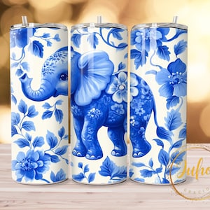 Plantillas de sublimación de diseños de vasos delgados con diseño de flores de elefante chinoiserie / Vaso de 20 oz Descarga digital instantánea PNG