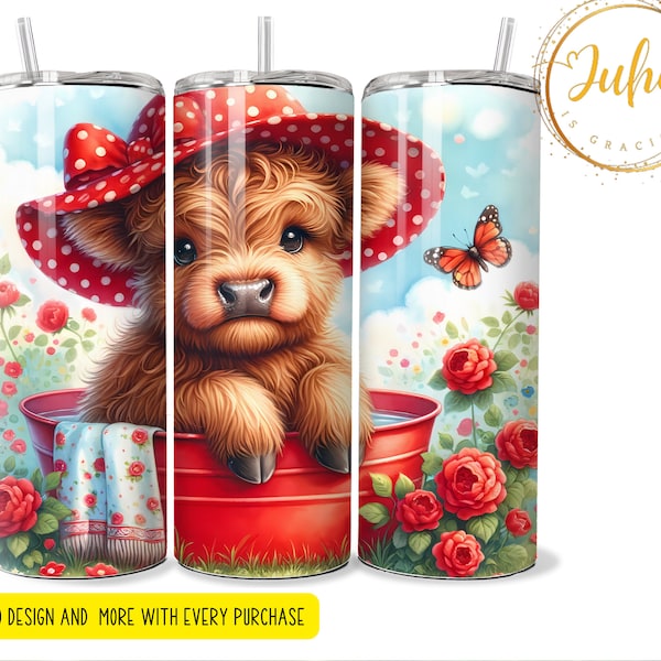 Baby cow Highland with red hat   in a tub   20 oz  - skinny tumbler design , tumbler wrap , instant download