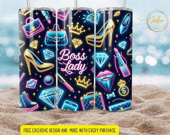 20 oz boss lady neon  tumbler wrap    Skinny Tumbler Designs | Sublimation Templates | 20oz Tumbler PNG | Digital Download