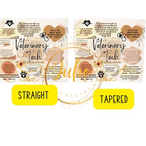 Puede incluir: Una impresi&oacute;n con vers&iacute;culos b&iacute;blicos y afirmaciones diarias para t&eacute;cnicos veterinarios. El dise&ntilde;o presenta texto, huellas de patas y motivos florales en una paleta de colores neutros. La impresi&oacute;n incluye las palabras "Veterinary Tech" y varios vers&iacute;culos b&iacute;blicos.