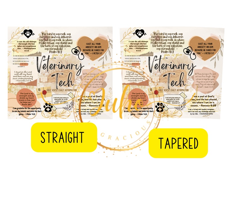 Puede incluir: Una impresi&oacute;n con vers&iacute;culos b&iacute;blicos y afirmaciones diarias para t&eacute;cnicos veterinarios. El dise&ntilde;o presenta texto, huellas de patas y motivos florales en una paleta de colores neutros. La impresi&oacute;n incluye las palabras "Veterinary Tech" y varios vers&iacute;culos b&iacute;blicos.
