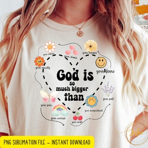 God is zoveel groter dan shirt png, geloof png, christelijke png, religieuze vrouwengift, Godgelovige, religieus shirt, goddelijke vrouw png