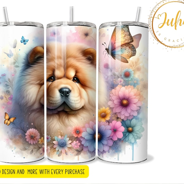 chow chow  flower watercolour  dog  3d    Skinny Tumbler Designs | Sublimation Templates | 20oz Tumbler PNG | Instant Digital Download, PNG