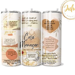 May include: Three stainless steel tumblers with inspirational quotes and bible verses. The tumblers feature a gold and brown floral design. The text on the tumblers reads: "I can do all things through Christ who strengthens me. - Philippians 4:13", "I am a vessel of God's healing and comfort. - Psalms 30:2", "I am called to serve others with love and compassion. - John 13:34-35". The tumblers are perfect for everyday use and make a great gift for any occasion.