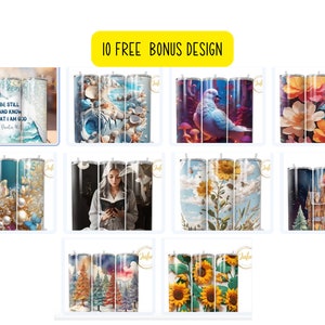 Op de afbeelding: Tien verschillende ontwerpen voor sublimatiebekers. De ontwerpen omvatten een schelp- en oceaan golfpatroon, een bloemenpatroon, een kasteel, een zonnebloem, een duif, een vlinder, een vrouw die een boek leest en een kerstboom.