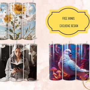 Puede incluir: Conjunto de seis vasos de acero inoxidable con diferentes dise&ntilde;os. Los dise&ntilde;os incluyen un campo de girasoles, una mujer leyendo un libro y una paloma blanca en un bosque. Los vasos son todos de 20 onzas y tienen un dise&ntilde;o de doble pared aislado.