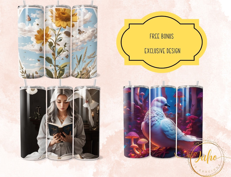 Puede incluir: Conjunto de seis vasos de acero inoxidable con diferentes dise&ntilde;os. Los dise&ntilde;os incluyen un campo de girasoles, una mujer leyendo un libro y una paloma blanca en un bosque. Los vasos son todos de 20 onzas y tienen un dise&ntilde;o de doble pared aislado.