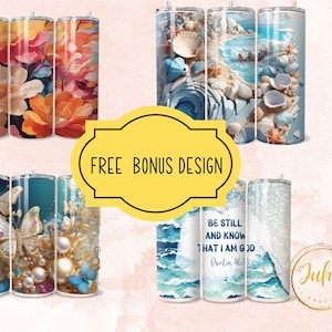 Puede incluir: Conjunto de seis vasos de acero inoxidable de 20 onzas con varios dise&ntilde;os. Los dise&ntilde;os incluyen un patr&oacute;n floral, una escena de playa con conchas marinas, un dise&ntilde;o de mariposa y perlas y un dise&ntilde;o de ola azul y blanca acuarela con el texto "Estad quietos y sabed que yo soy Dios, Salmo 46:1".
