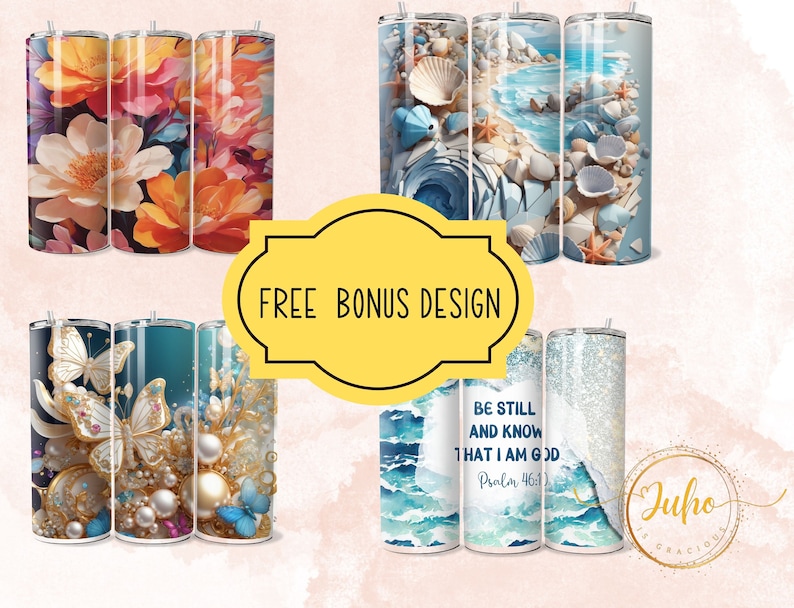 Puede incluir: Conjunto de seis vasos de acero inoxidable de 20 onzas con varios dise&ntilde;os. Los dise&ntilde;os incluyen un patr&oacute;n floral, una escena de playa con conchas marinas, un dise&ntilde;o de mariposa y perlas y un dise&ntilde;o de ola azul y blanca acuarela con el texto "Estad quietos y sabed que yo soy Dios, Salmo 46:1".