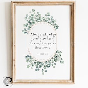 Spreuken 4:23 Bewaak vooral je hart aquarel christelijke muurkunst print, muur kunst print, bijbel vers muur kunst schrift