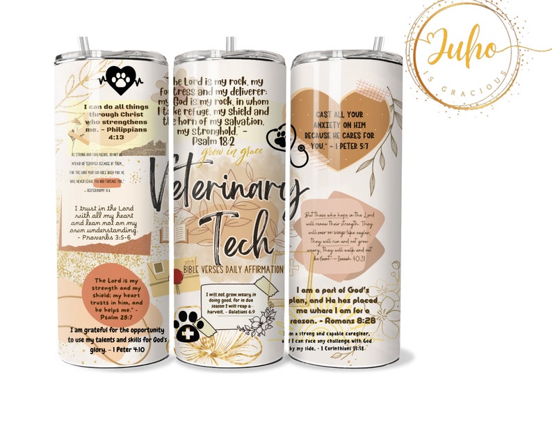 Puede incluir: Un vaso de acero inoxidable blanco con pajita, con citas inspiradoras y un dise&ntilde;o de huella de pata. El vaso tiene las palabras "Veterinary Tech" y vers&iacute;culos b&iacute;blicos. Un art&iacute;culo decorativo para veterinarios.