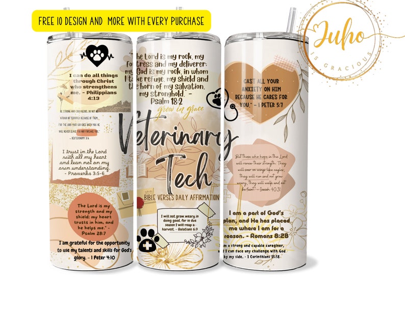 Puede incluir: Tres vasos blancos de acero inoxidable con vers&iacute;culos b&iacute;blicos y gr&aacute;ficos veterinarios. Los vasos presentan huellas de patas, corazones y dise&ntilde;os florales. El texto incluye "Veterinary Tech" y "Juho is Gracious".