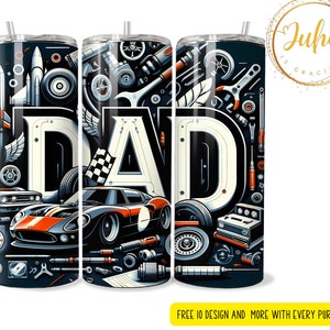 Puede incluir: Un vaso negro y blanco con un diseño gráfico de un coche, herramientas y la palabra "DAD".