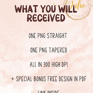 Puede incluir: Texto que dice "WHAT YOU WILL RECEIVE" con un logotipo que dice "Juho Gracious". El texto a continuaci&oacute;n enumera las descargas digitales incluidas: "ONE PNG STRAIGHT", "ONE PNG TAPERED", "ALL IN 300 HIGH DPI", "SPECIAL BONUS FREE DESIGN IN PDF" y "LINK INSIDE".