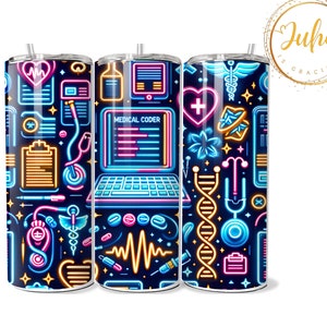 May include: Three stainless steel tumblers with a neon-colored design featuring medical symbols, a laptop with the text "Medical Coder", and a DNA strand. The tumblers are on a white background.