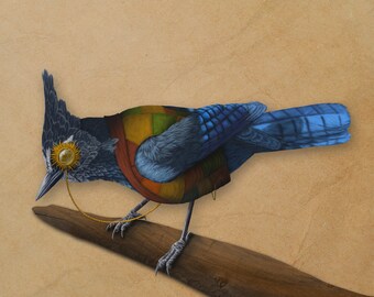 Barnaby Stellar Jay Giclee Art Print - Hand-drawn Steampunk Bird - Steampunk Art - Bird Art - Fantasy Art - Nature Art - Bird Lover Gift