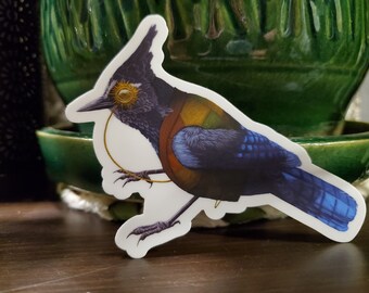 Barnaby Stellar Jay Vinyl Sticker - Hand-drawn Steampunk Bird - Steampunk Art - Bird Art - Fantasy Art - Nature Art - Bird Lover Gift