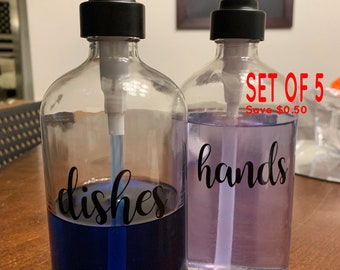 SET OF 5 | Hands, Dishes, Soap, Etc. | Lotion Bottle Vinyl Stickers | Kitchen Label | Sticker Only