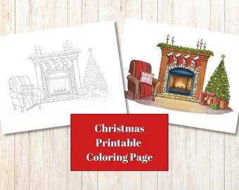 Página para colorir para impressão de lareira de Natal