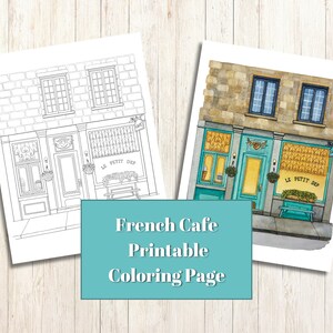 May include: A black and white line drawing of a French cafe building with a sign that says "Le Petit Dep."  The cafe has a door, two windows, and a bench outside.  The cafe is next to a colored illustration of the same cafe with a teal door and yellow windows.  The sign says "Le Petit Dep." and the cafe has a bench outside.