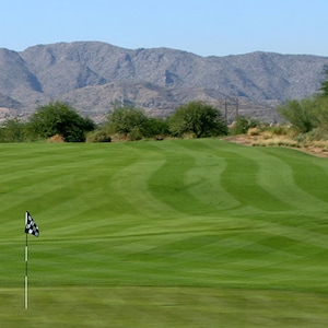 May include: A golf course with a green putting green and a flag in the distance. The green is surrounded by a grassy area and a mountain range in the background.