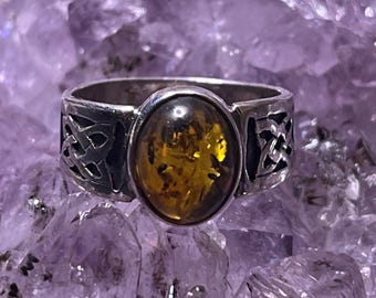 Bague Celtique En Argent 925 Et Ambre Baltique - Modèle 7356 - Neuf Avec étiquettes